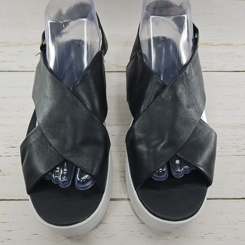 Vince Weslan Platform Sandals Shoes Womens 8 Black Leather Slingback Wedge Cross